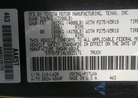 2020 Toyota Tundra Limited z USA, uszkodzony, nr VIN 5TFHY5F14LX935171